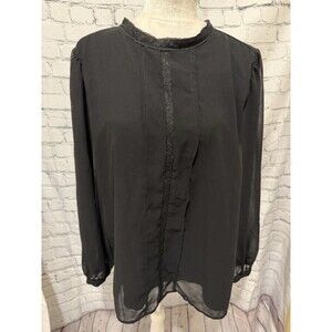 Ann Taylor Top 90s Black Ruffle Front Long Sleeve Blouse Size XL